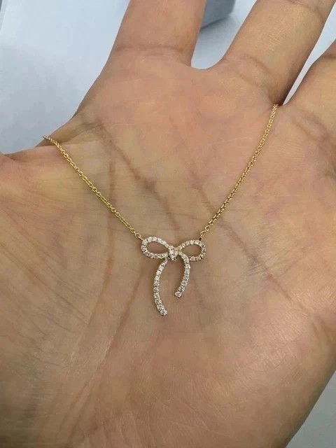 Ribbon Bow Shape Pendant 1 Ct Round Cut Real Moissanite 14K Yellow Gold Plated