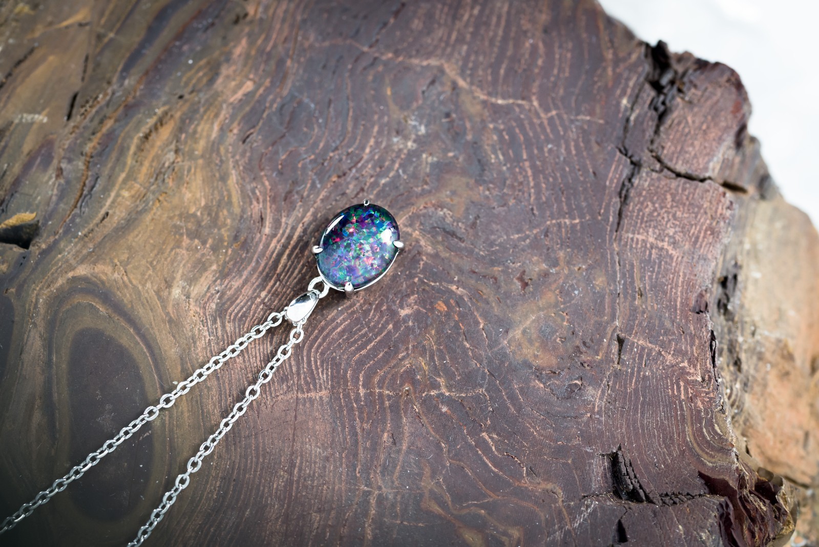 Simple Pinfire Australian Triplet Opal Necklace Pendant White Gold Plated Silver