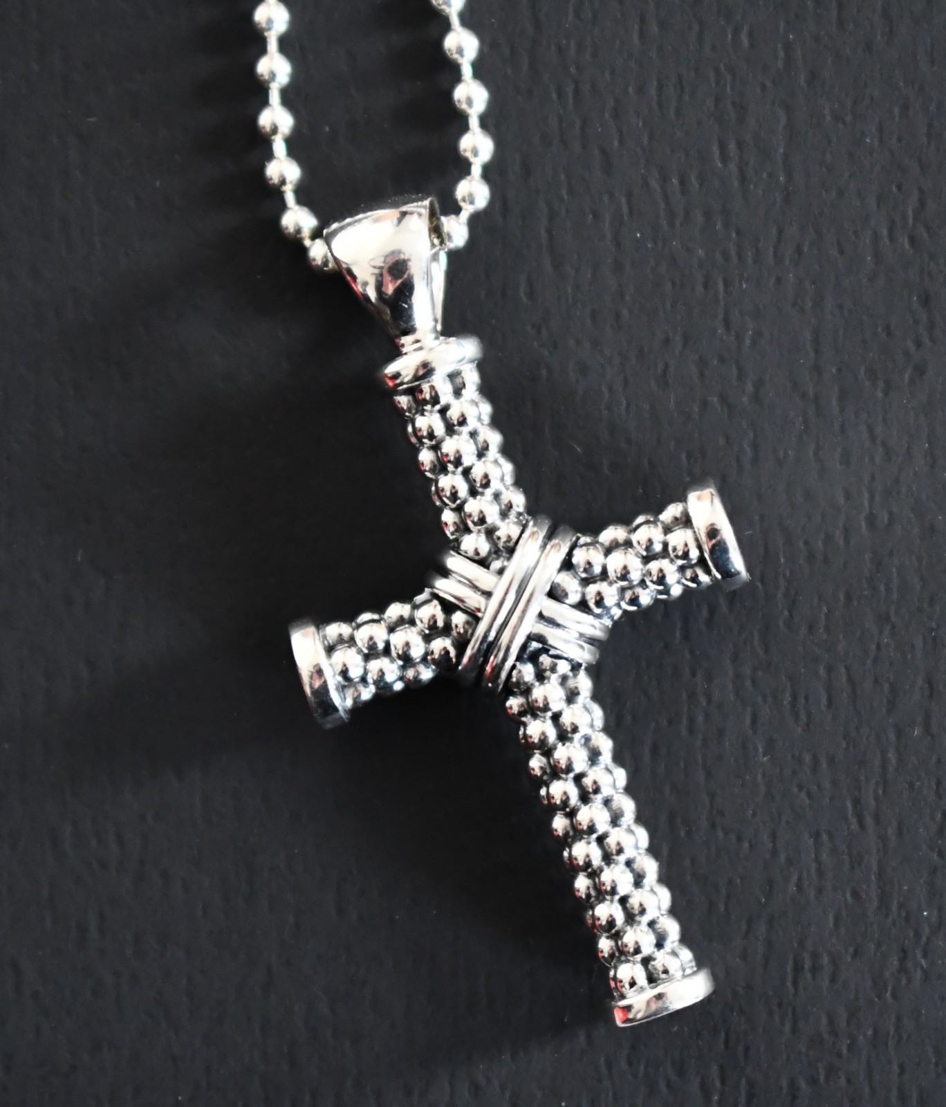 🆕LAGOS Signature Caviar Beaded CROSS Sterling Silver Pendant Necklace 34″