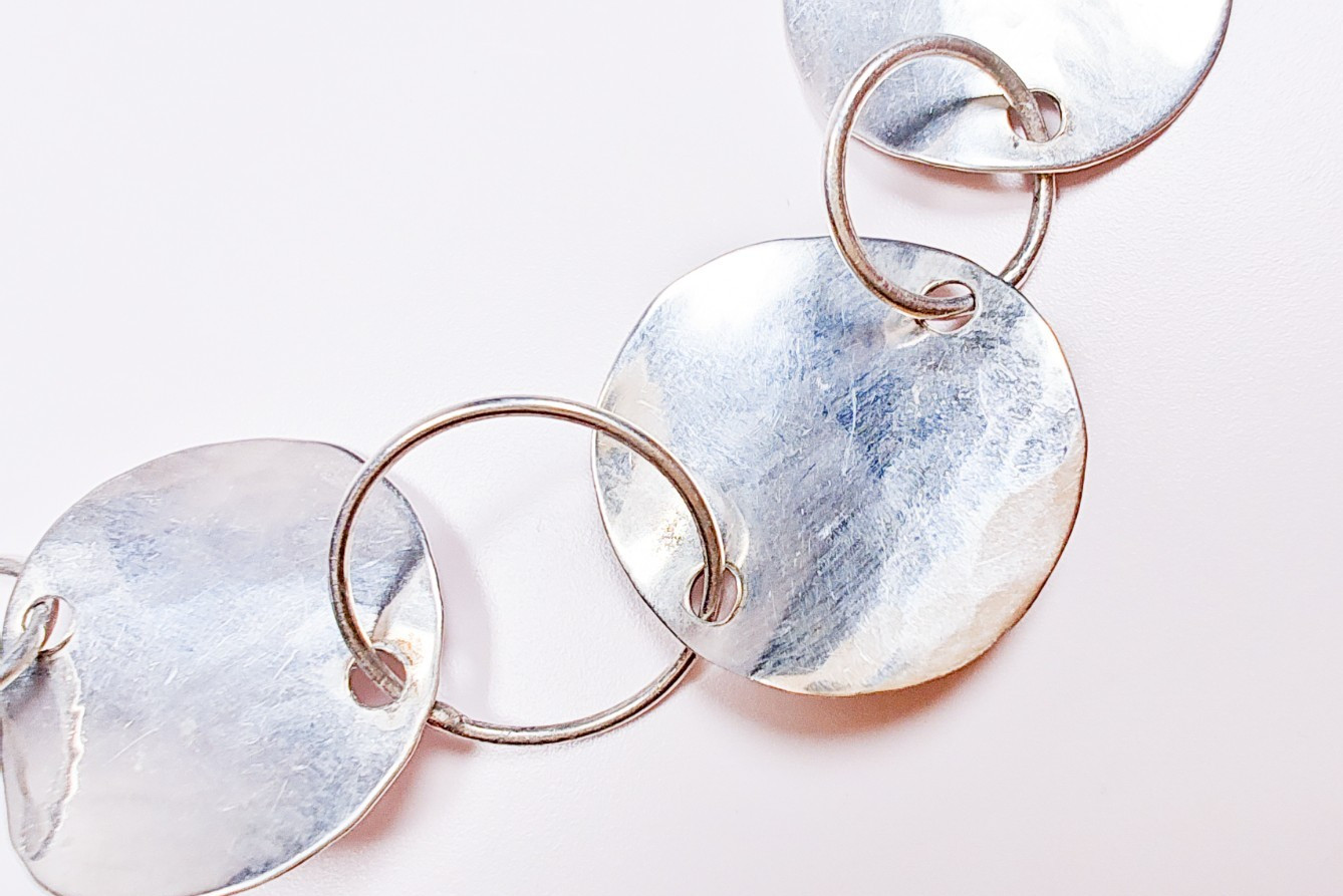 925 Sterling Silver Hammered Disc Link Necklace 26″ 25.22g Large Circles Tested