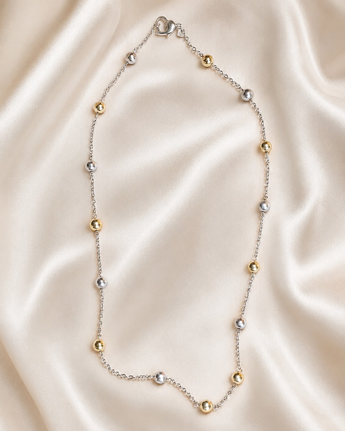 Vintage 925 Sterling Silver 14K Gold Bead Station Necklace Heart Clasp