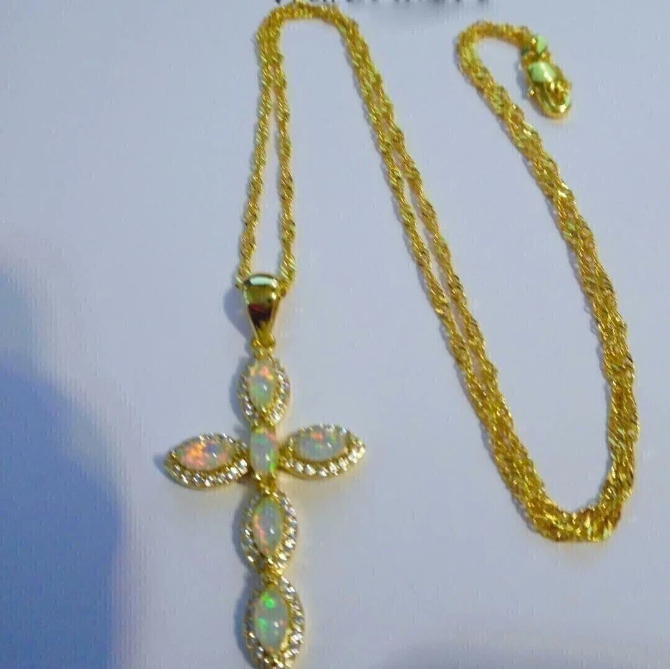1.50Ct Marquise Cut Fire Opal Cross Pendant 14K Yellow Gold Plated 18″