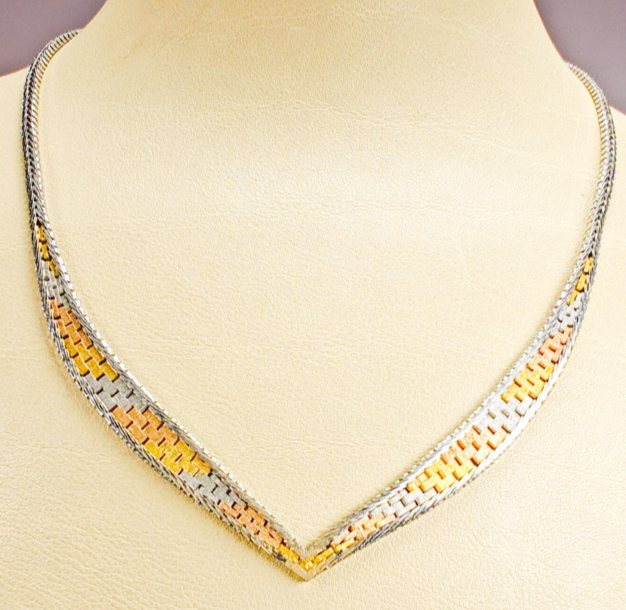 925 Italy Sterling Silver Tri Color Woven V Necklace 16″ Box Clasp 11.88g