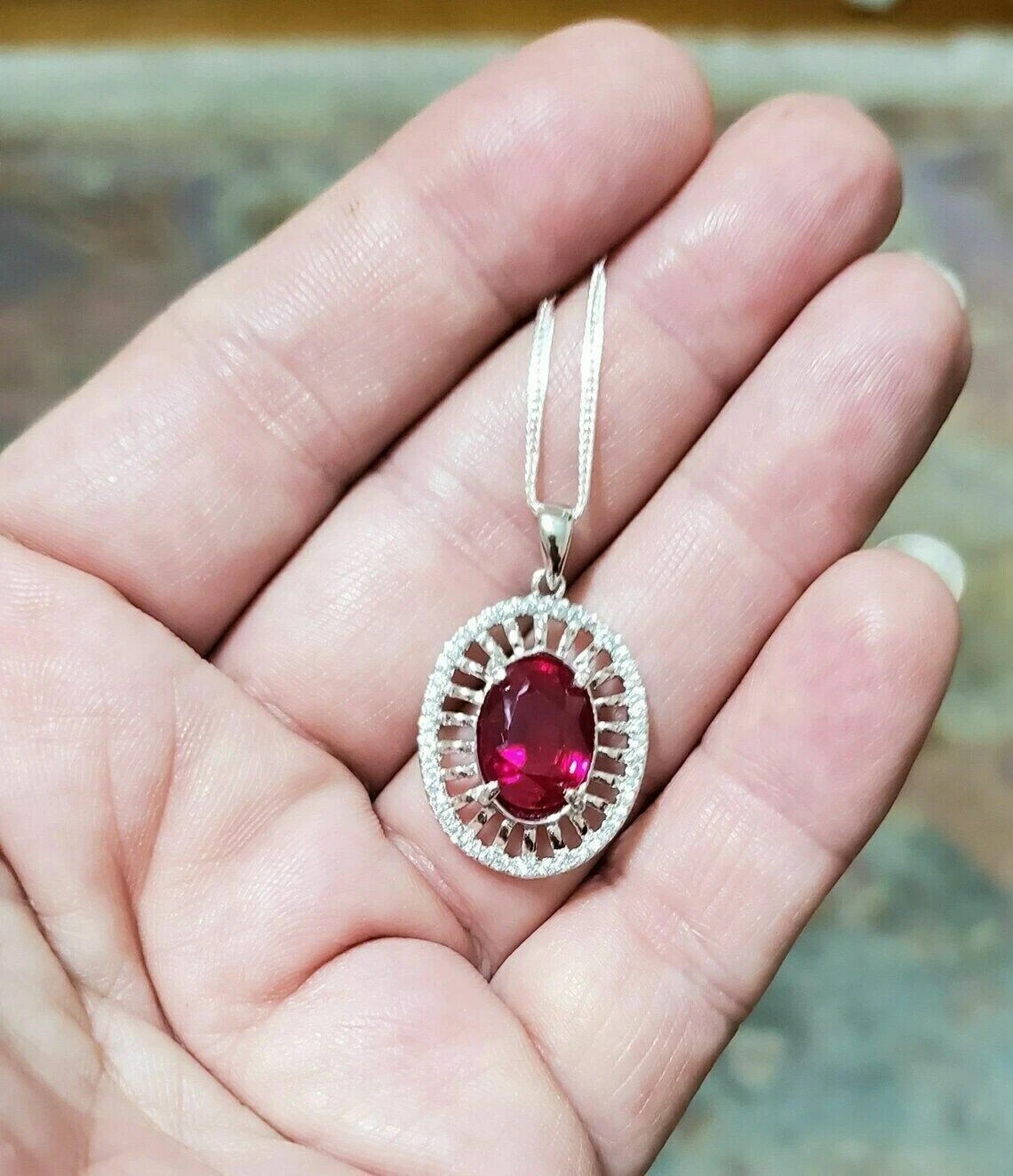 3.5Ct Oval Cut Red Ruby Halo Engagement Pendant 14K White Gold Finish Free Chain