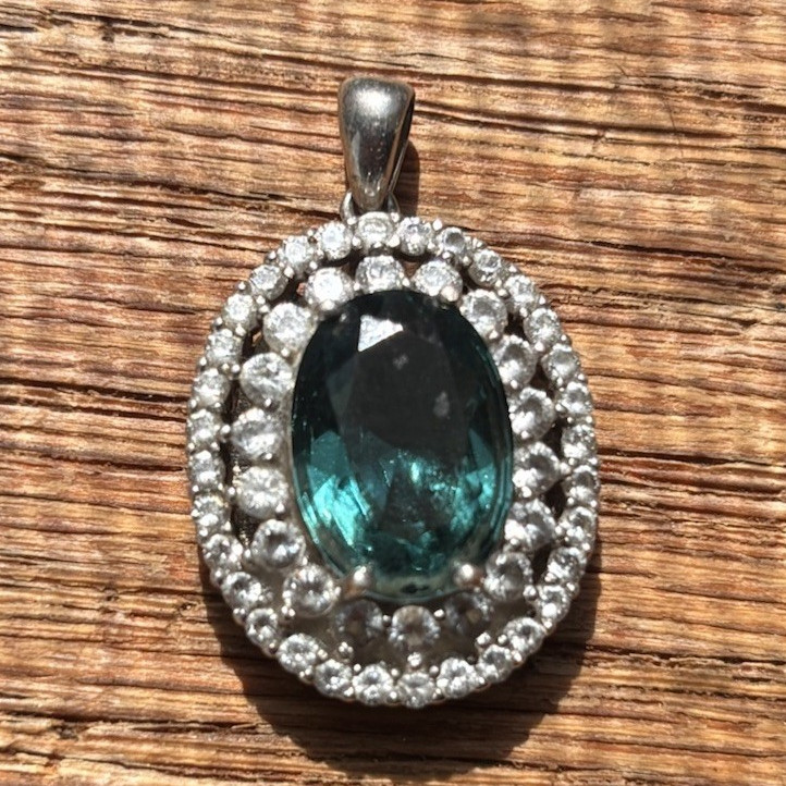 925 Sterling Silver Green Oval Halo Pendant CZ Accents
