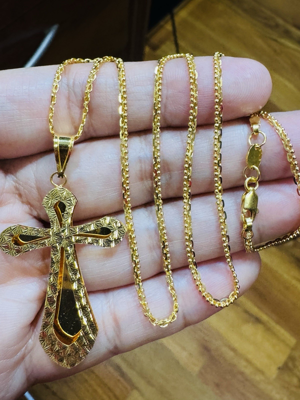Saudi Dubai 22K Solid 916 Real Gold Cross Set Necklace 20” Long 9.55g 2.2mm