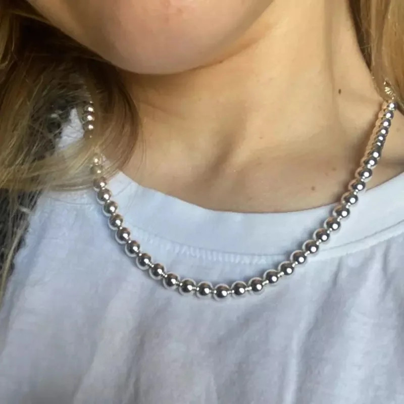 Sterling Silver 925 Smooth Beads Ball Chain Necklace Women 4MM 6MM 8MM