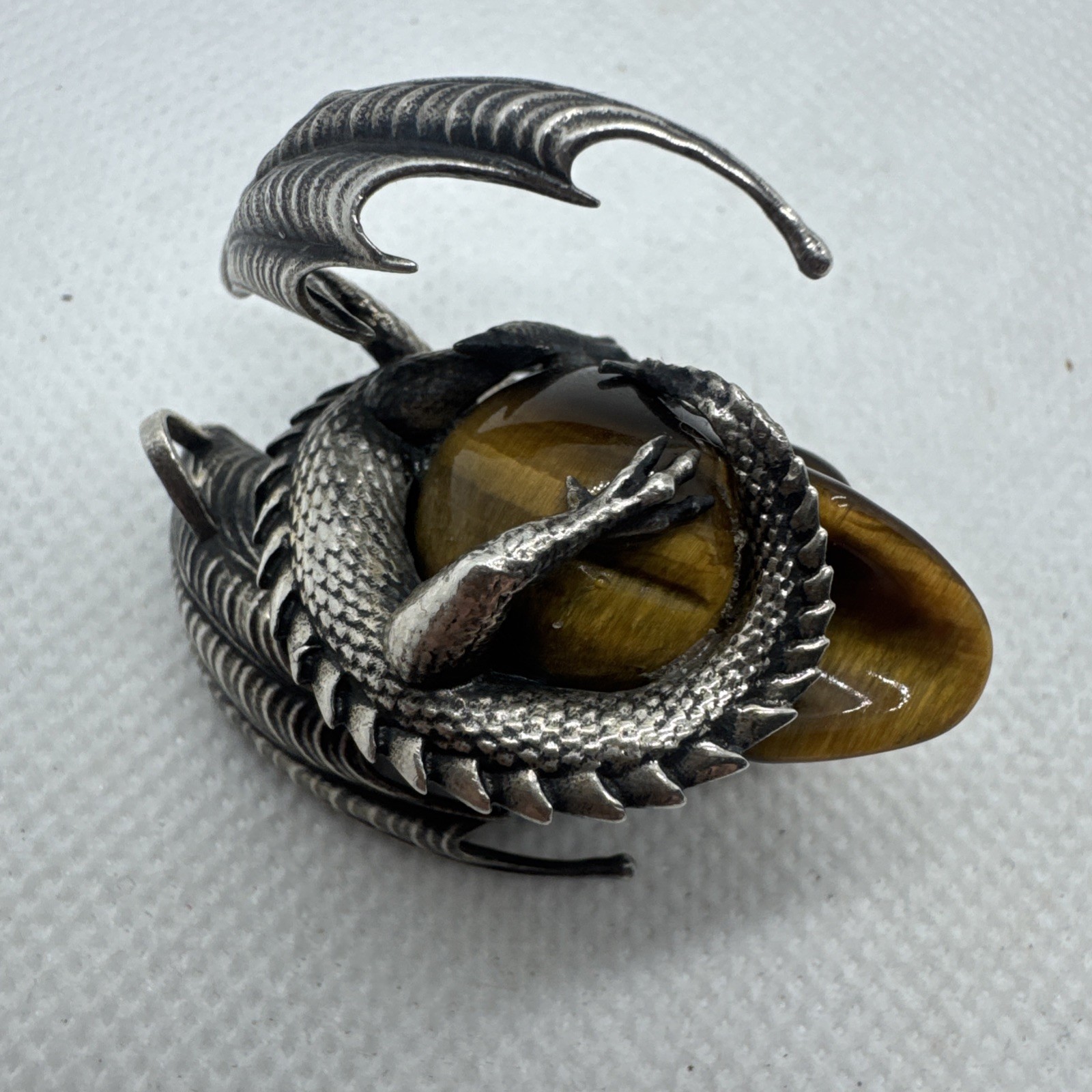 SKULLIS Tiger’s Eye Gemstone Carved SKULL and 925 Sterling Dragon Pendant