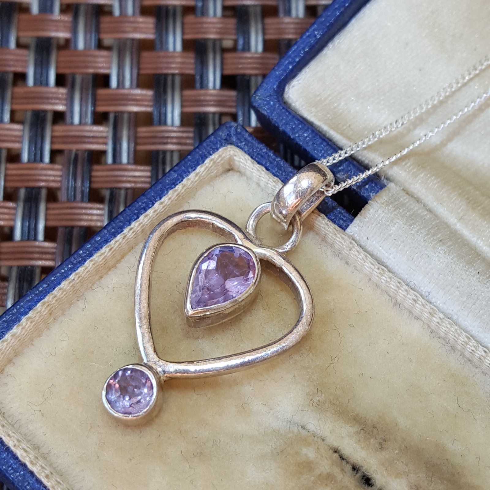 Vintage 925 Sterling Silver Necklace, Rose De France Amethyst Heart Pendant