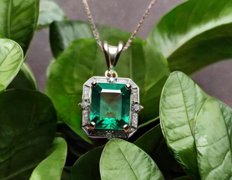 4.80Ct Emerald cut Natural Emerald & Diamond 14K White Gold Luxury Pendant
