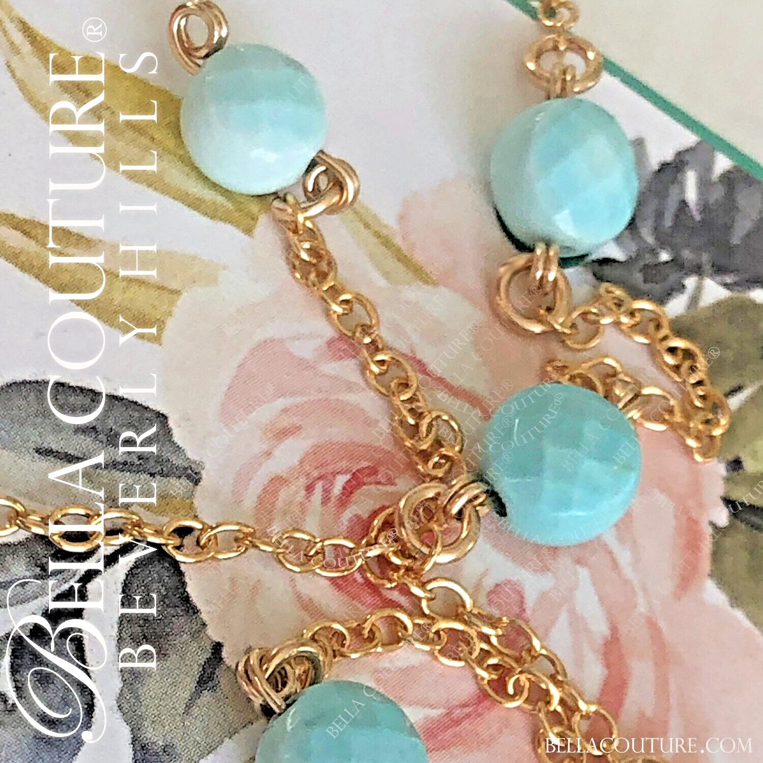 NEWBC® 24″ 18″ 18K YELLOW GOLD SLEEPING BEAUTY LGHT TURQUOISE CHARM 750 NECKLACE
