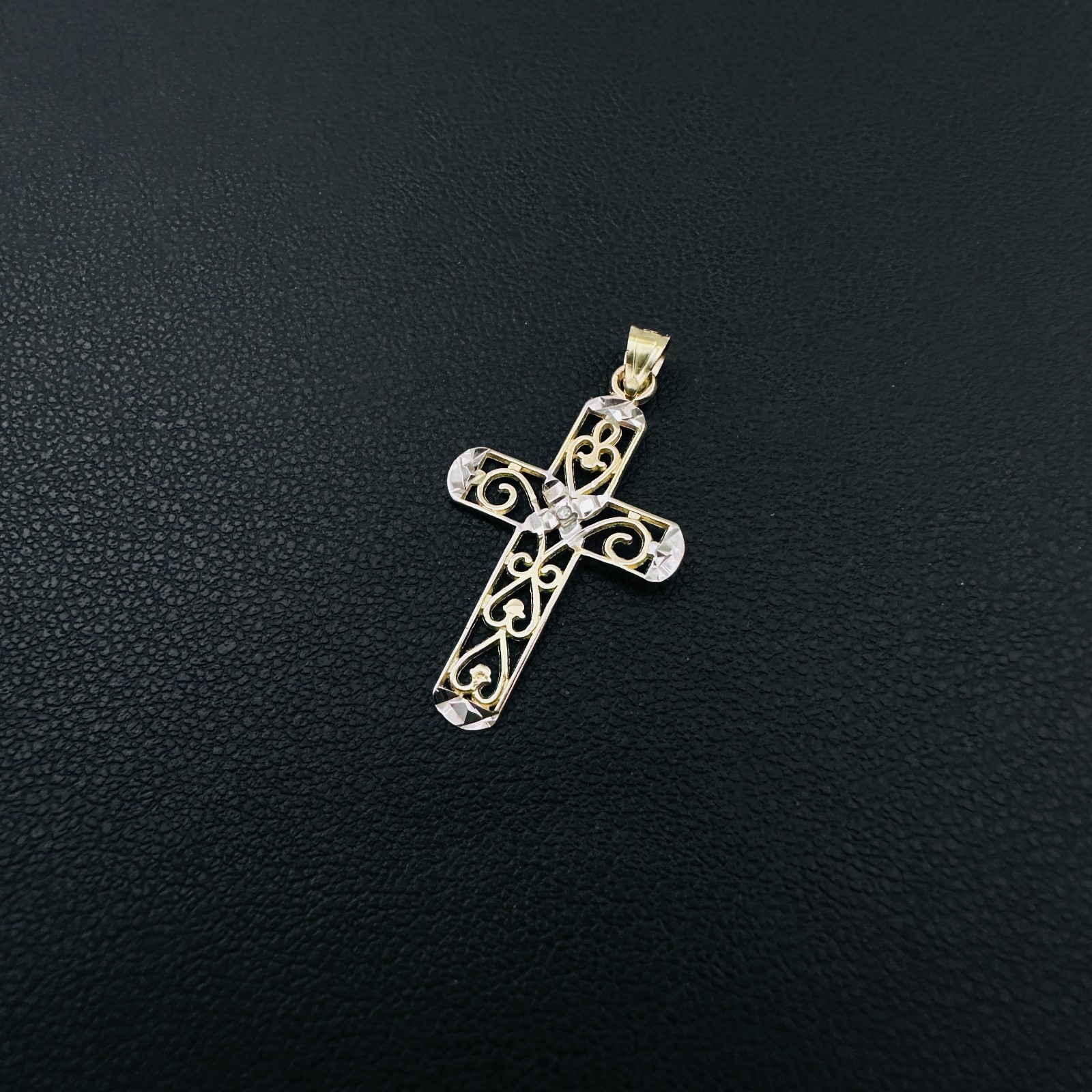 Solid 10K Multi-Tone Gold Filigree Cross Pendant w/White Sapphire Accent, 1.15″