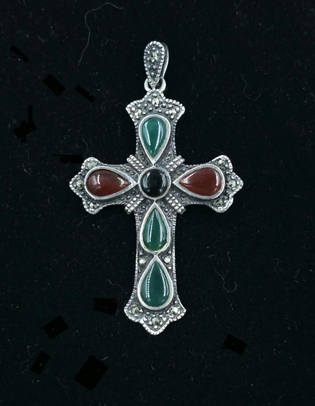 Sterling Silver Gemstone & Marcasite Cross, Maker’s Mark “HC”
