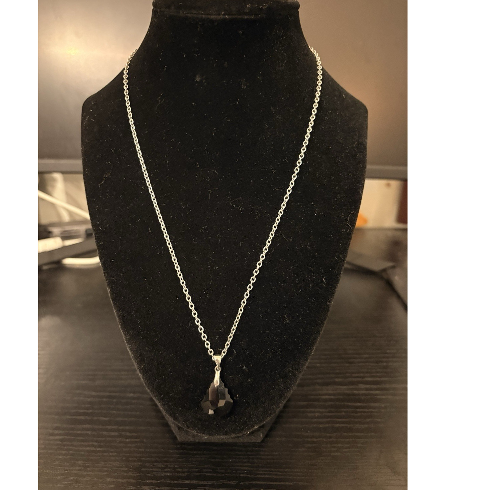 18k White Gold Plated Black Obsidian Pendant on Cable Chain 18”