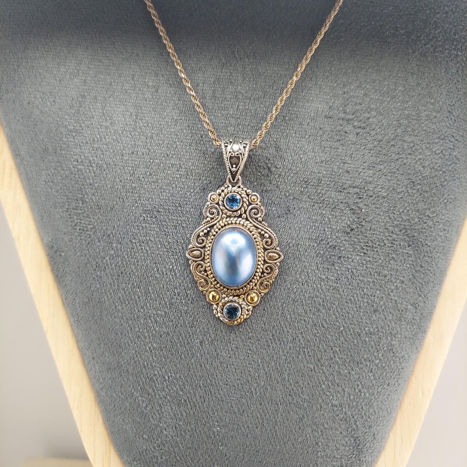 Vintage Balinese Sterling and 18k Pendant with London Blue Topaz and Blue Pearl