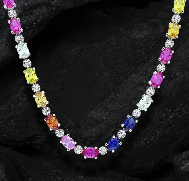 Lab Created Multi Color Sapphire Tennis 18 ” Necklace 14K Yellow Gold Plated