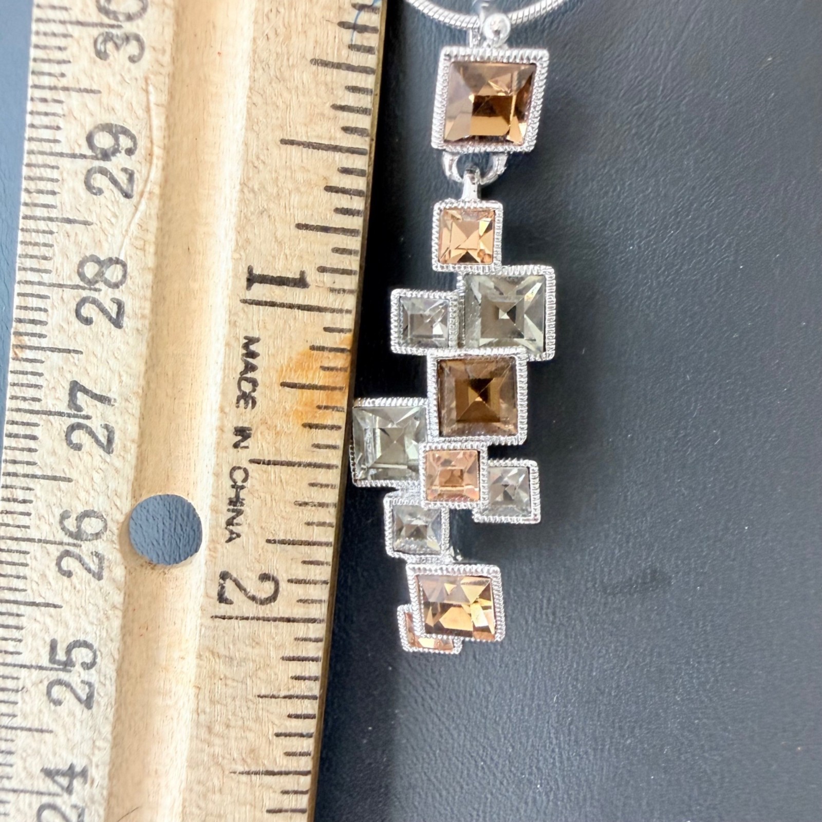 Sterling Silver Snake Chain Necklace Geometric Pendant Square Gemstones Chain
