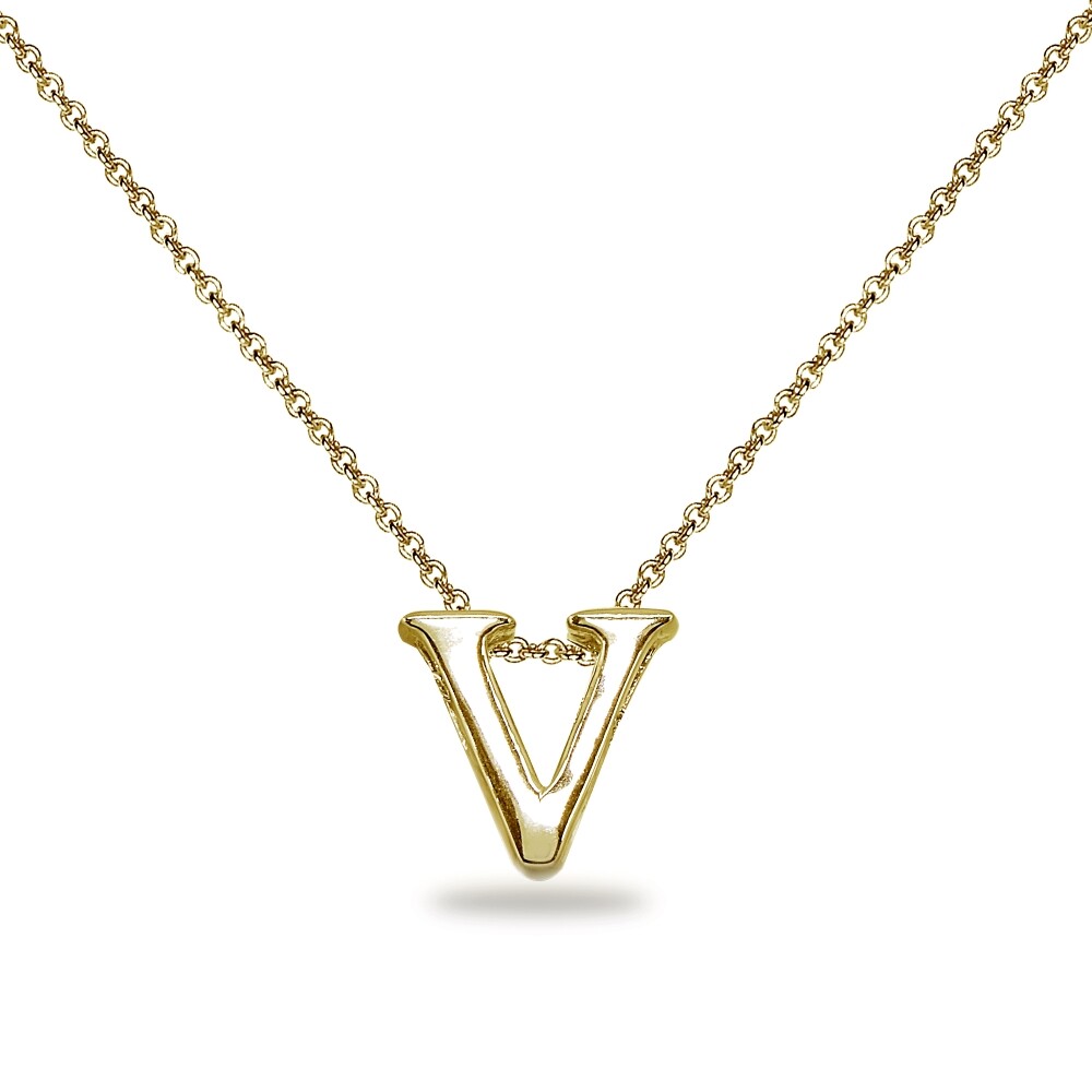V Letter Alphabet Name Personalized Gold Plated 925 Silver Necklace, 15” + Ext