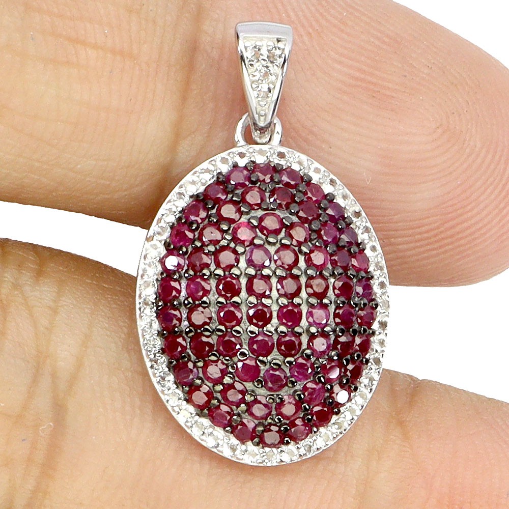 925 Sterling Silver Pendant Ruby Myanmar Round Diamond Cut Topaz Gemstone