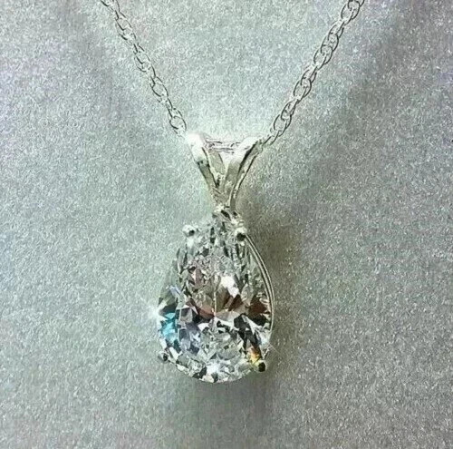 2Ct Pear Cut Lab Created Diamond Solitaire Women’s Pendant 14K White Gold Plated