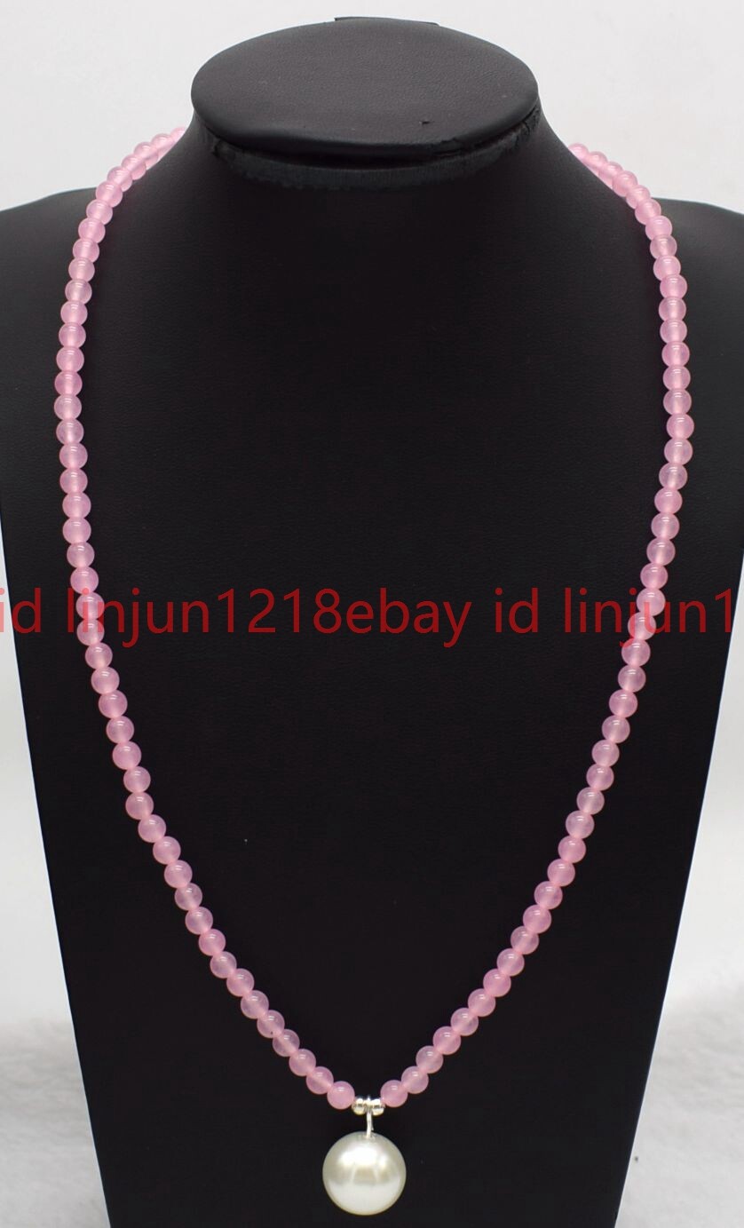 Natural 4mm Pink Jade Round Gems Bead White Shell Pearl Pendant Necklace 16-28in