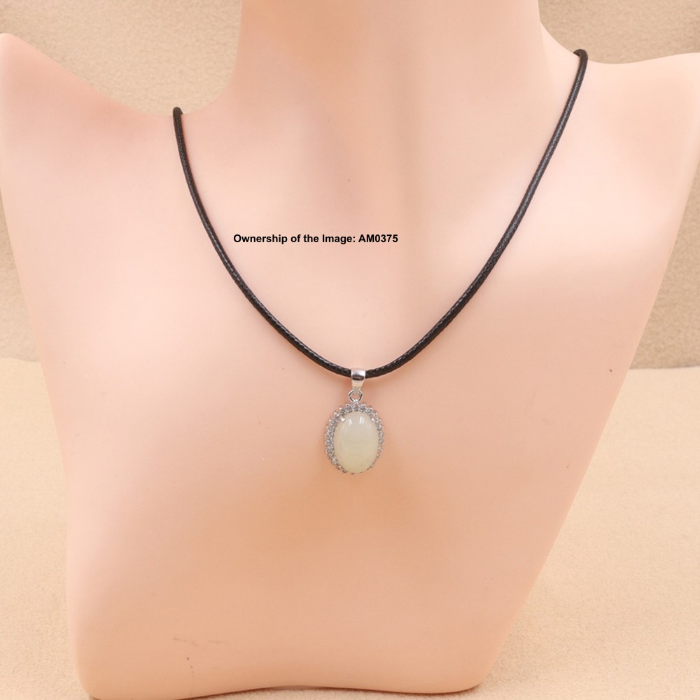 NEW Natural White Jade Oval Pendant 925 Sterling Silver Pendant