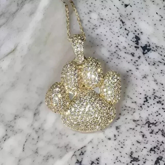 2.90Ct Round Cut Moissanite Dog Paw Pendant 14K Yellow Gold Plated Free Chain