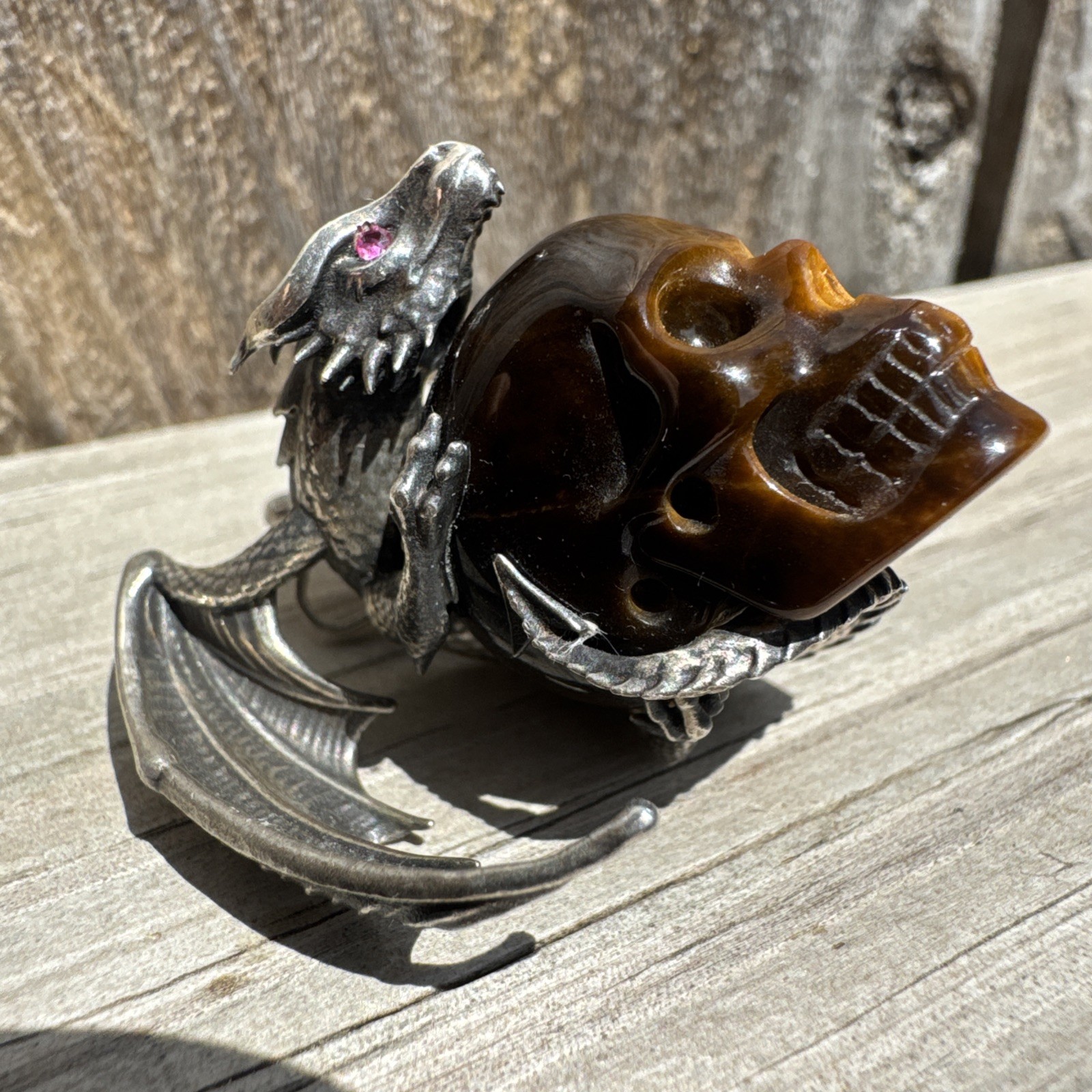 SKULLIS Tiger’s Eye Gemstone Carved SKULL and 925 Sterling Dragon Pendant