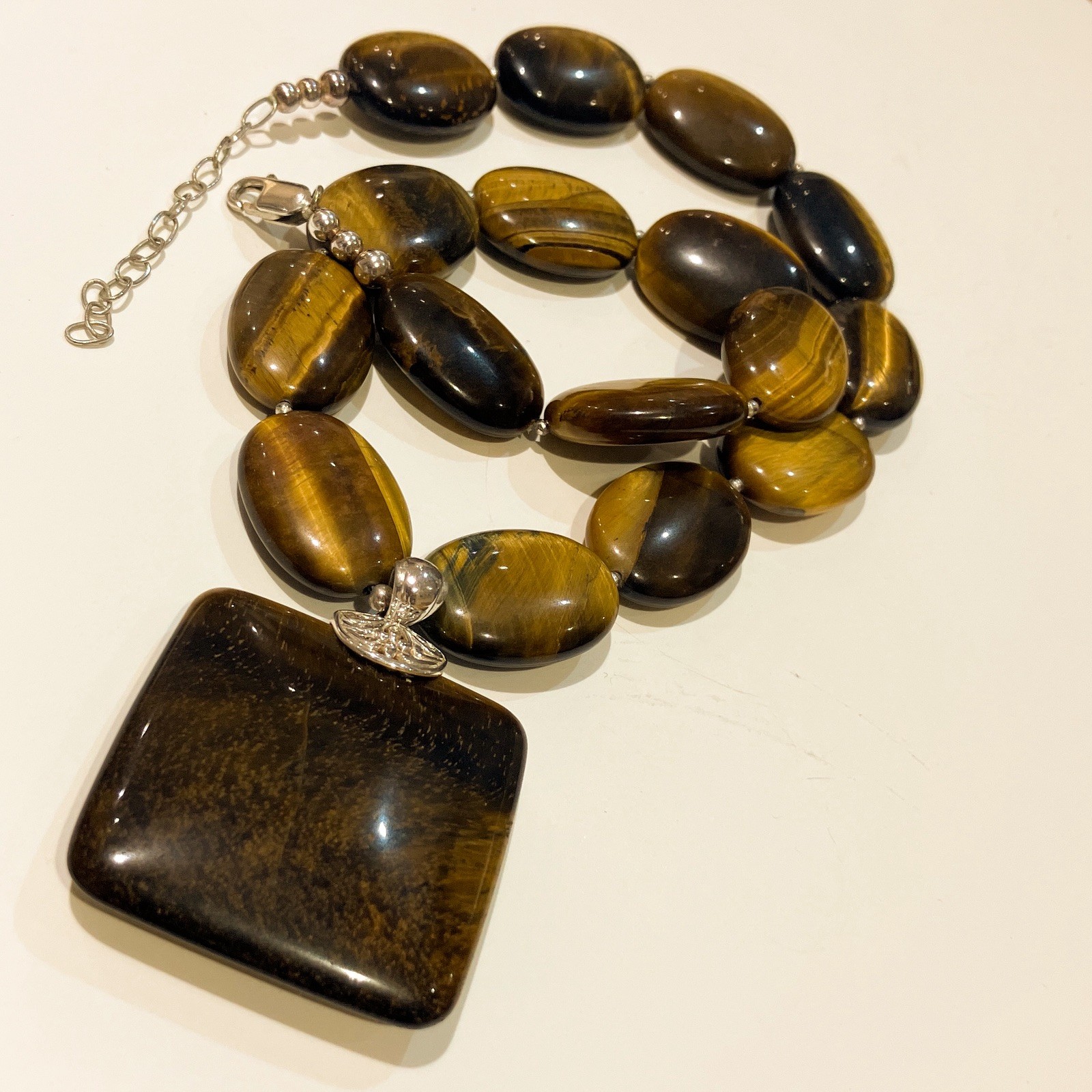 Vintage Aluma Tiger’s Eye Statement Necklace 925 Sterling Silver Signed AIL