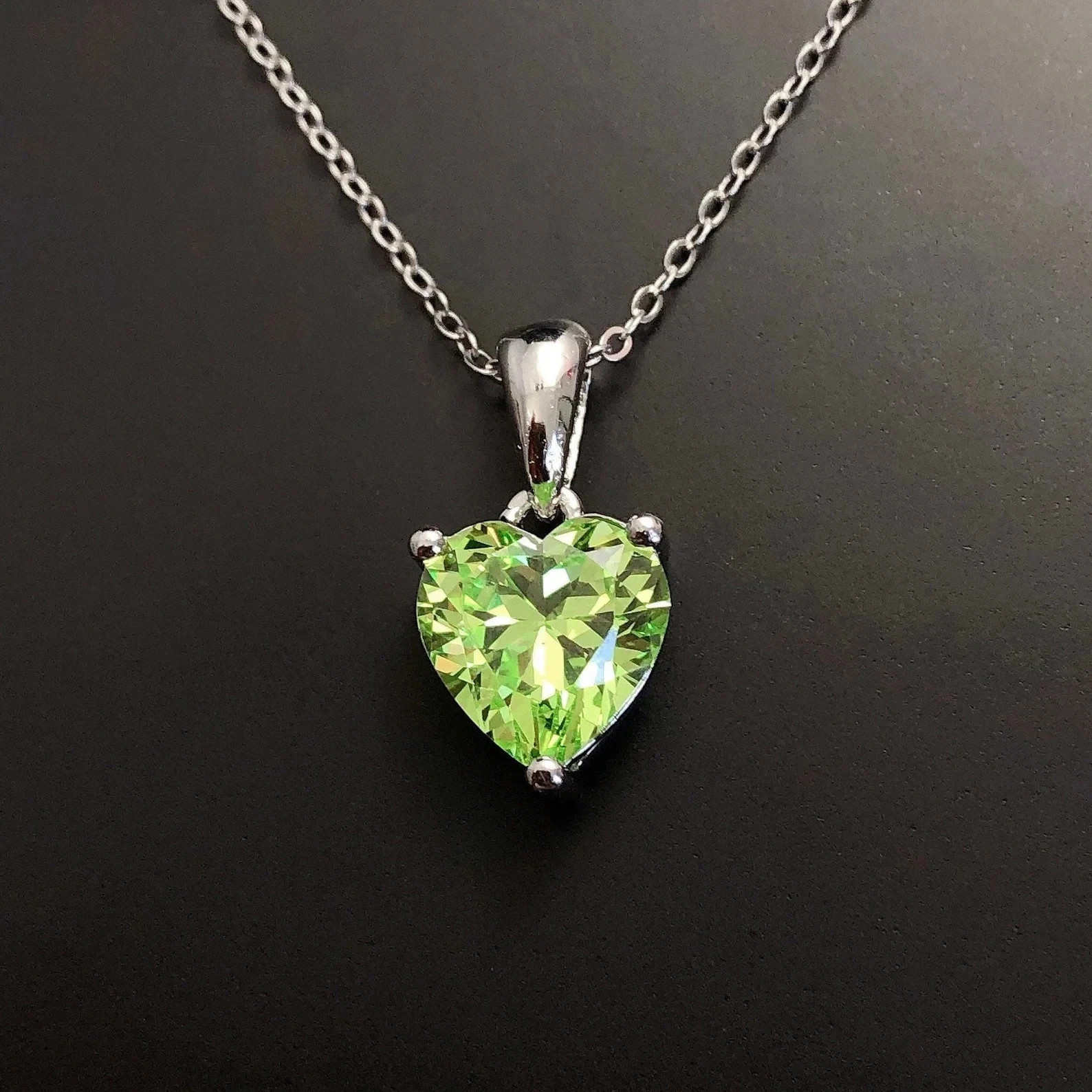 2 CT Heart Shape Peridot Solitaire Pendant With Chain 14K White Gold Plated