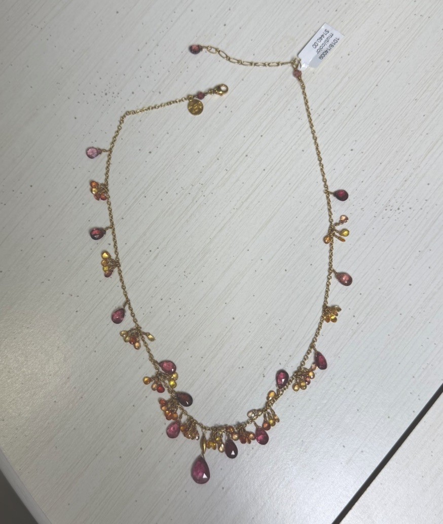 18kt Solid Yellow Gold Multi-Gemstone Fringe Briolette Tourmaline Necklace, 11 g