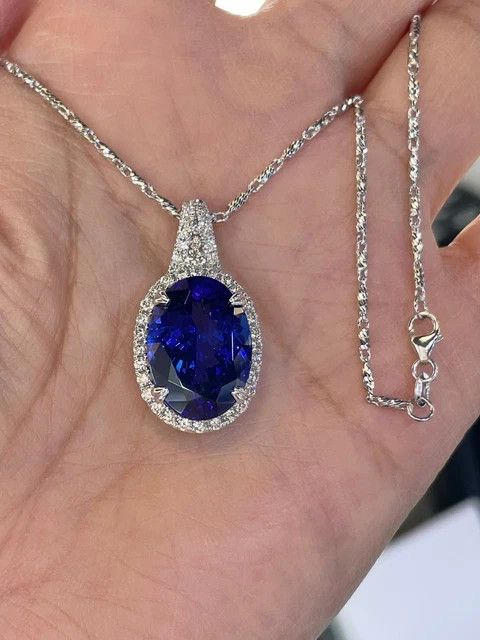 3Ctw Oval Cut Lab-Created Blue Sapphire Halo Pendant 14K White Gold Plated 18″