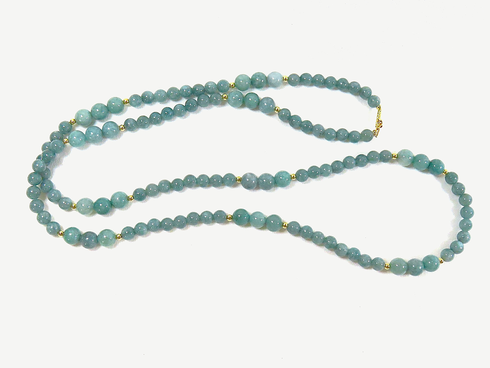 Natural Genuine Green Blue Jadeite Jade 14k Gold 34″ Long Beaded Necklace
