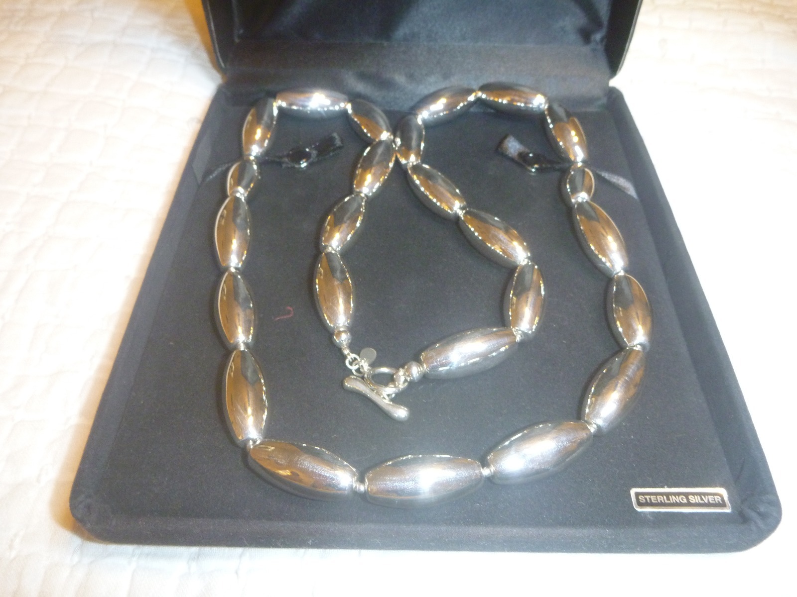 Sterling Silver Necklace 34 inch, Large Bold Statement Piece 1 3/16″× 1/2″ beads
