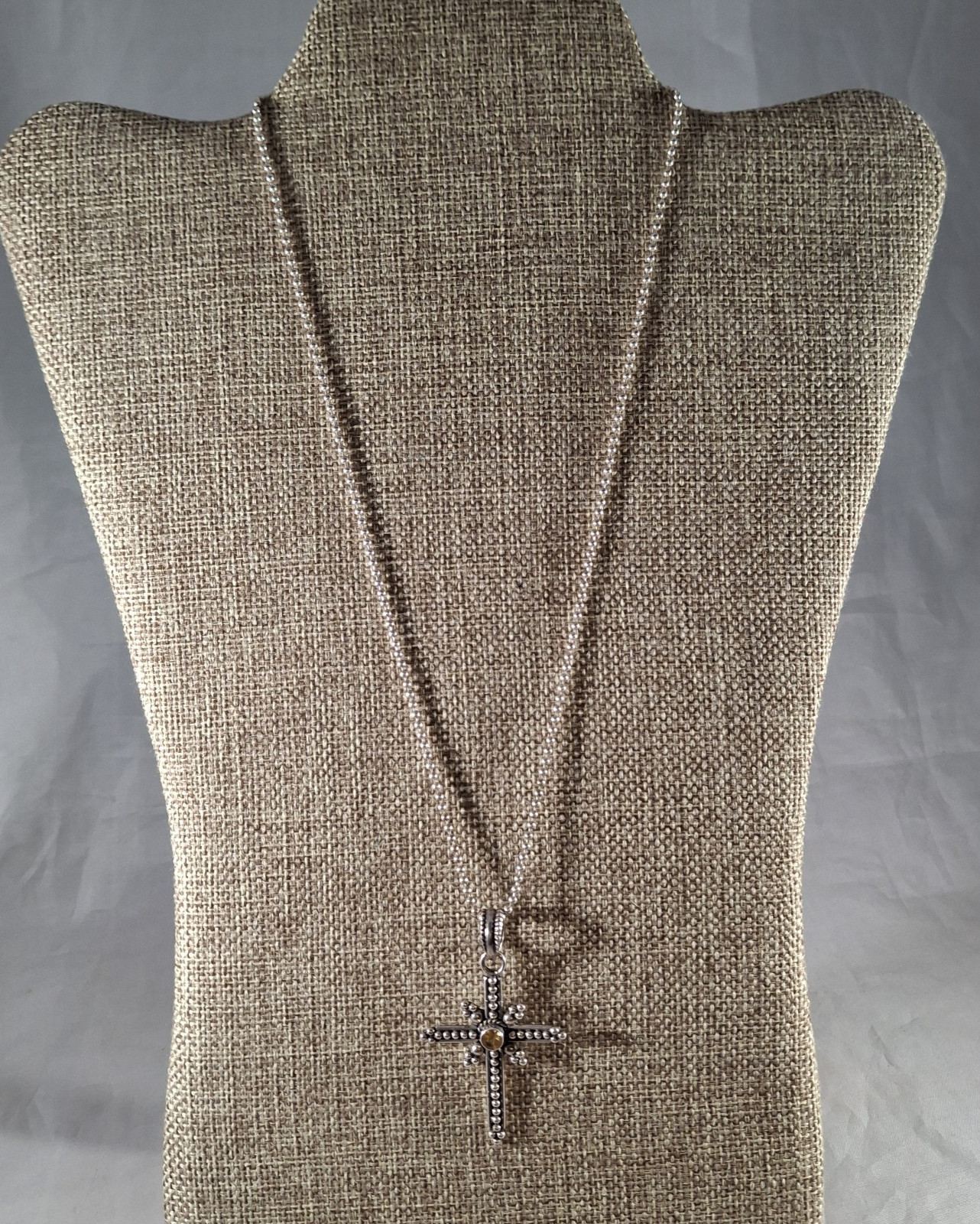 Vintage Taxco Sterling Silver Beaded Citrine Gem Cross Pendant Necklace 21 in
