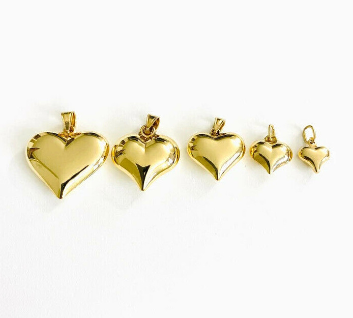 14K Gold Puffy Heart Charm Pendant, 14k Real Solid Gold 3-D Heart Pendant-14KC29