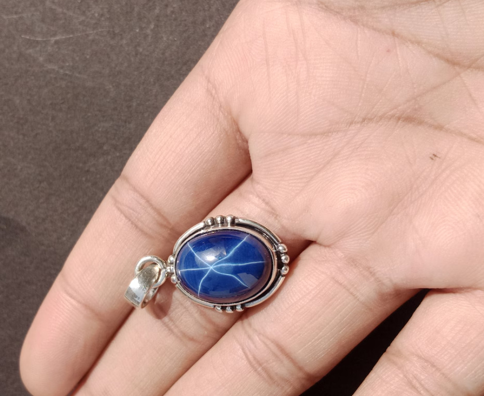 Solid 925 Sterling Silver Vintage Blue Star Sapphire Pendant For Men & Women
