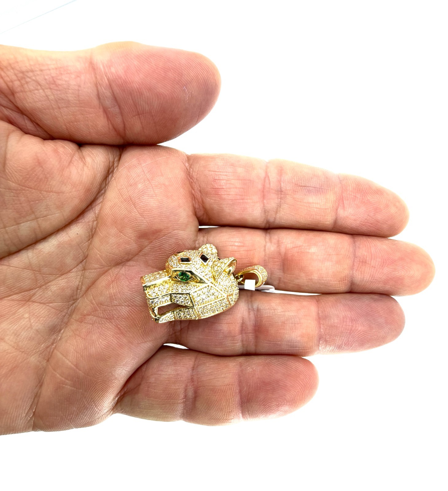 Real 14K Solid Yellow Gold Iced Panther Head Pendant CZ Black Enamel Jaguar