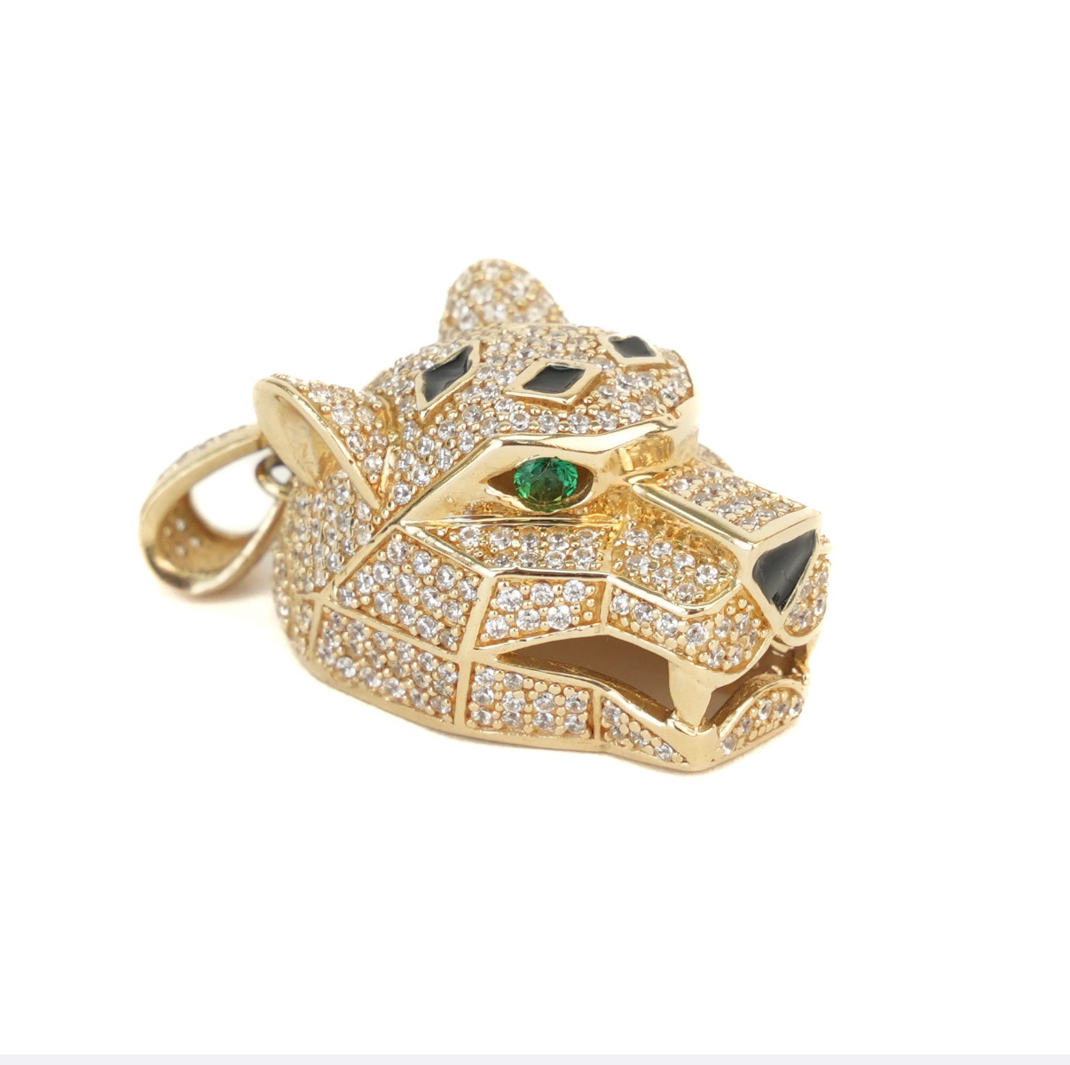 Real 14K Solid Yellow Gold Iced Panther Head Pendant CZ Black Enamel Jaguar