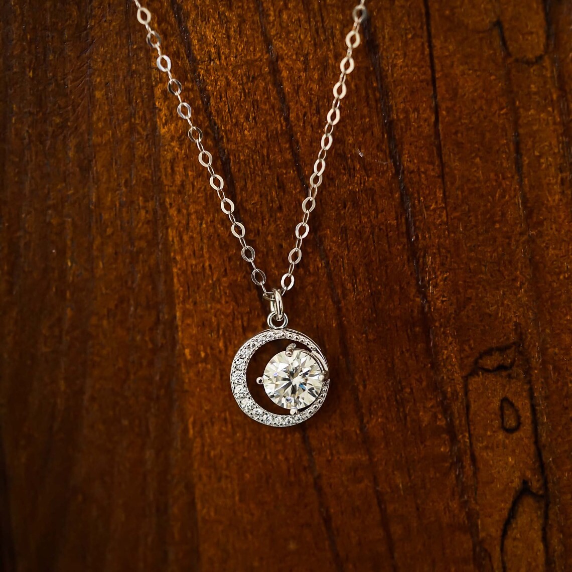 Lab Grown Diamond 14k White Gold Plated 1.60ct Halo Women Pendant Chain 18″