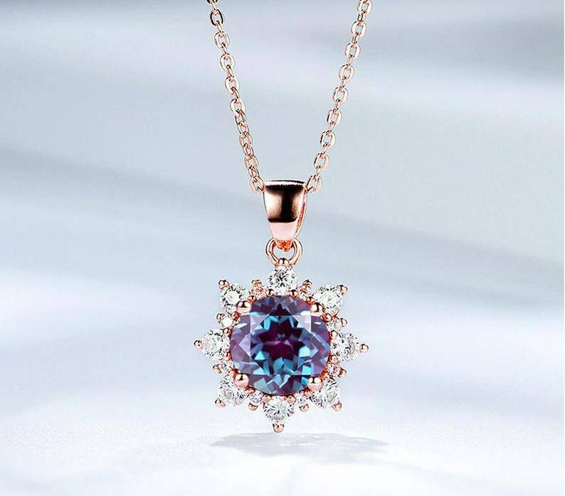 Round Alexandrite Necklace June Birthstone Color Changing Pendant Silver Pendant