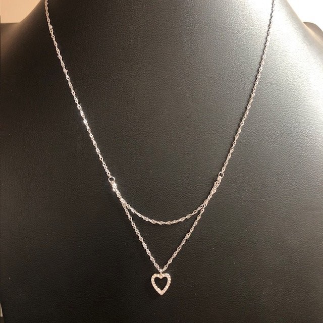 B1679 Sterling Silver 925 Layered Heart Pendant Necklace Cz 18″ dainty