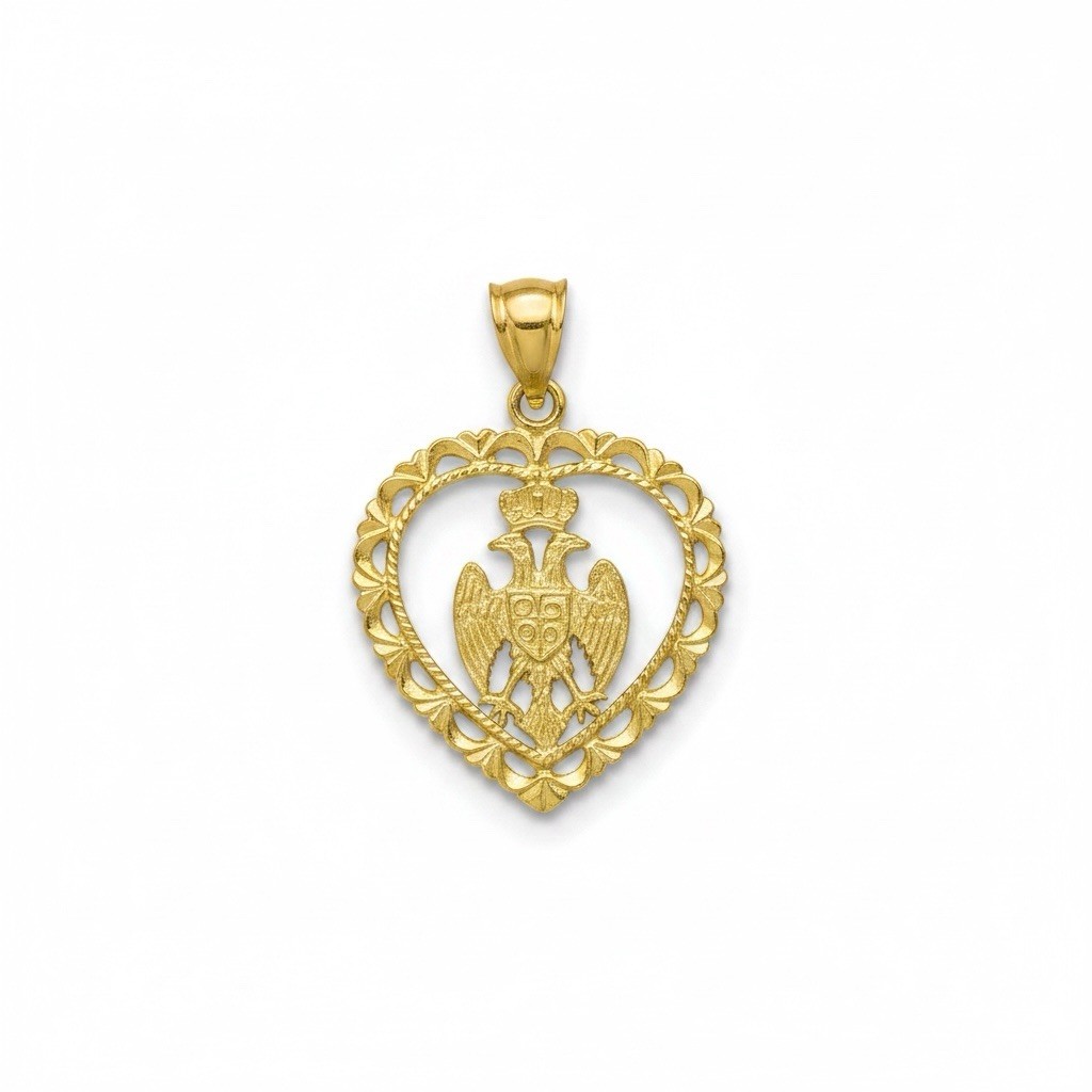 18ct 18K Yellow Gold Serbian Kruna Two Headed Eagle Heart Pendant 4.53 Grams New