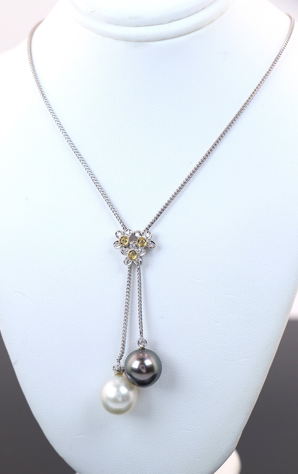 18K White Gold South Sea Pearl Fancy Intense Yellow Diamond Dangling Necklace