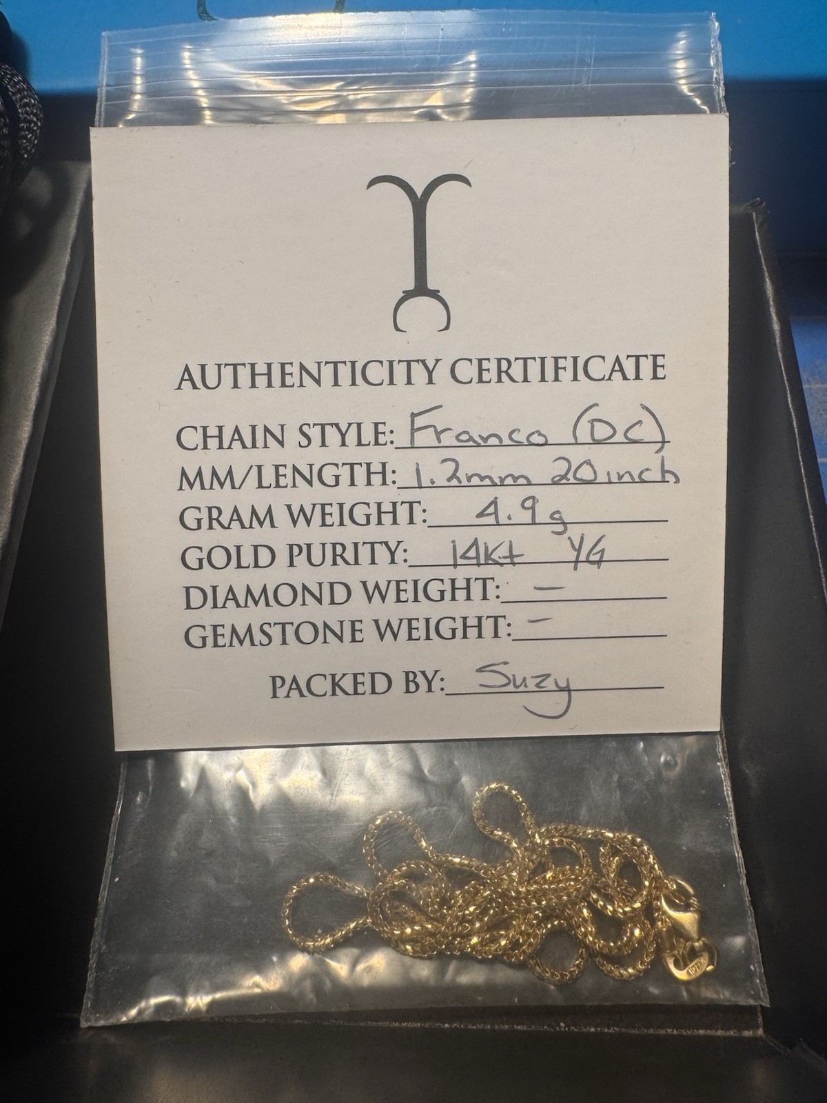1.2mm Franco Diamond Cut 20 Inch 14kt Yellow Gold Chain Jacoje Italy 4.9 Grams