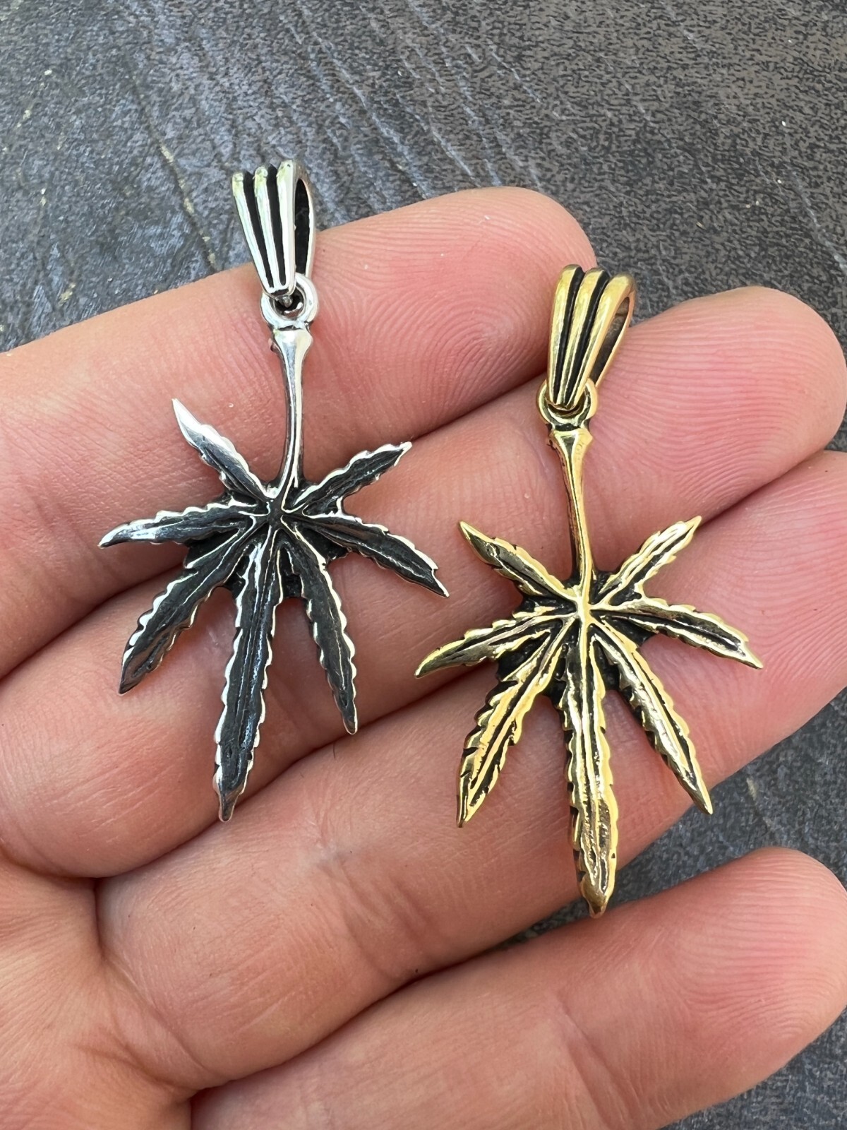 Real 925 Silver / 14k Gold Plated Marijuana Leaf Oxidized Pendant Necklace Charm
