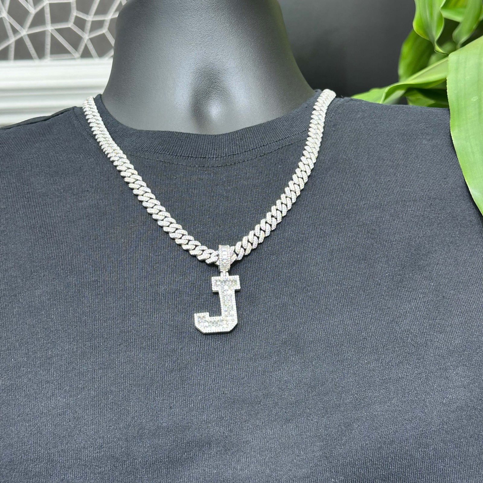 MOISSANITE 925 LAB Baguette Style J initial Letter Charm Pendant for Male Female