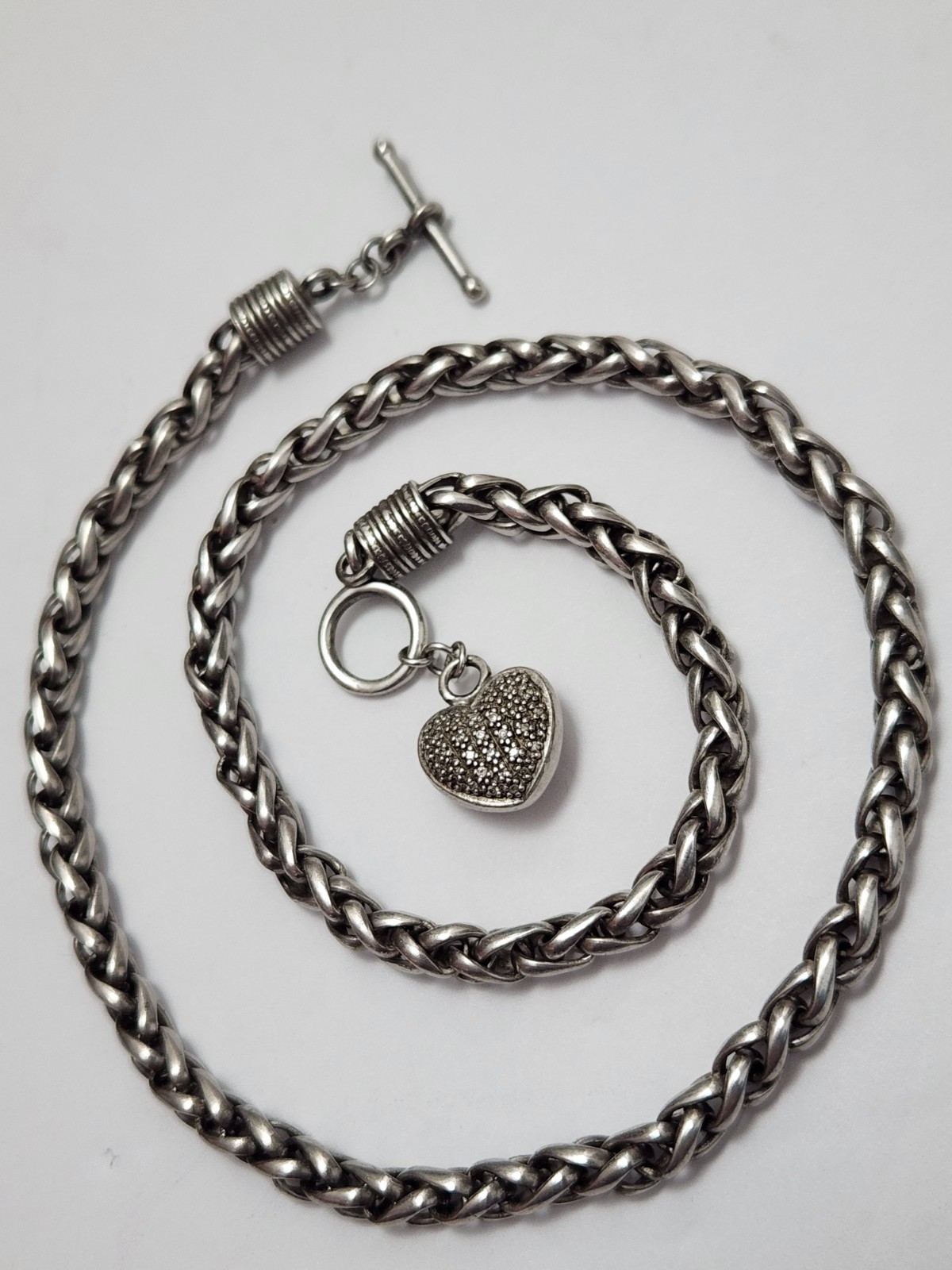 HEAVY 46.93g Sterling Silver THICK 18″ Wheat Chain Heart Toggle necklace CHUNKY
