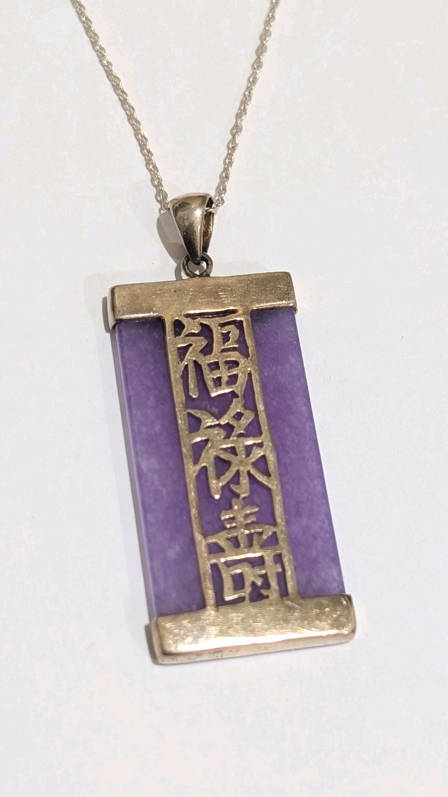 Genuine Purple Jade Sterling Silver Chinese Good Fortune 2″ Pendant 16″ Necklace