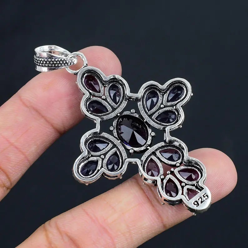Amethyst Gemstone Cross Pendant 925 Sterling Silver Handmade Jewelry For Gift